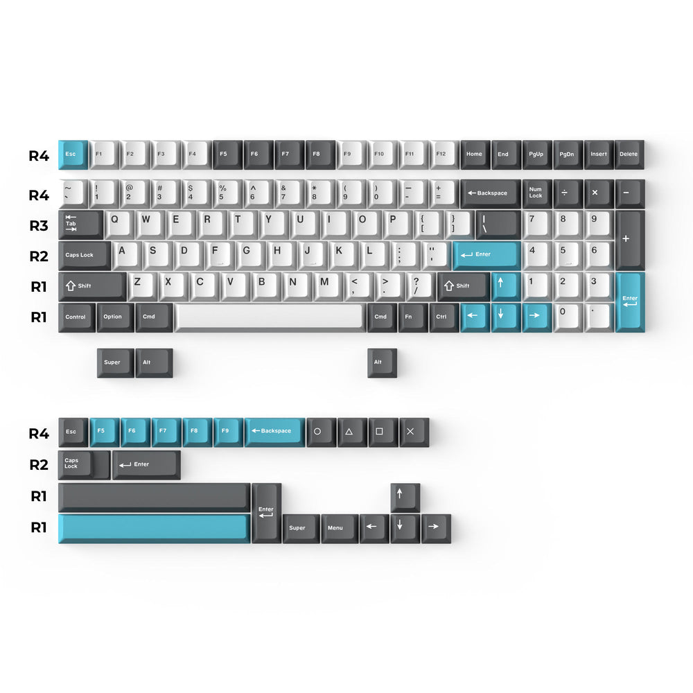Cherry Profile Double - Shot PBT volledige set keycaps - grijs, wit en blauw