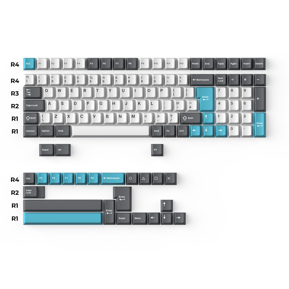 Cherry Profile Double - Shot PBT Full Set Keycaps - Grey, White, and Blue