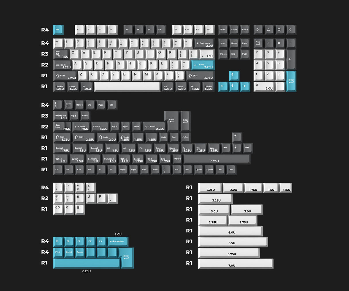 Cherry Profile Double - Shot PBT volledige set keycaps - grijs, wit en blauw