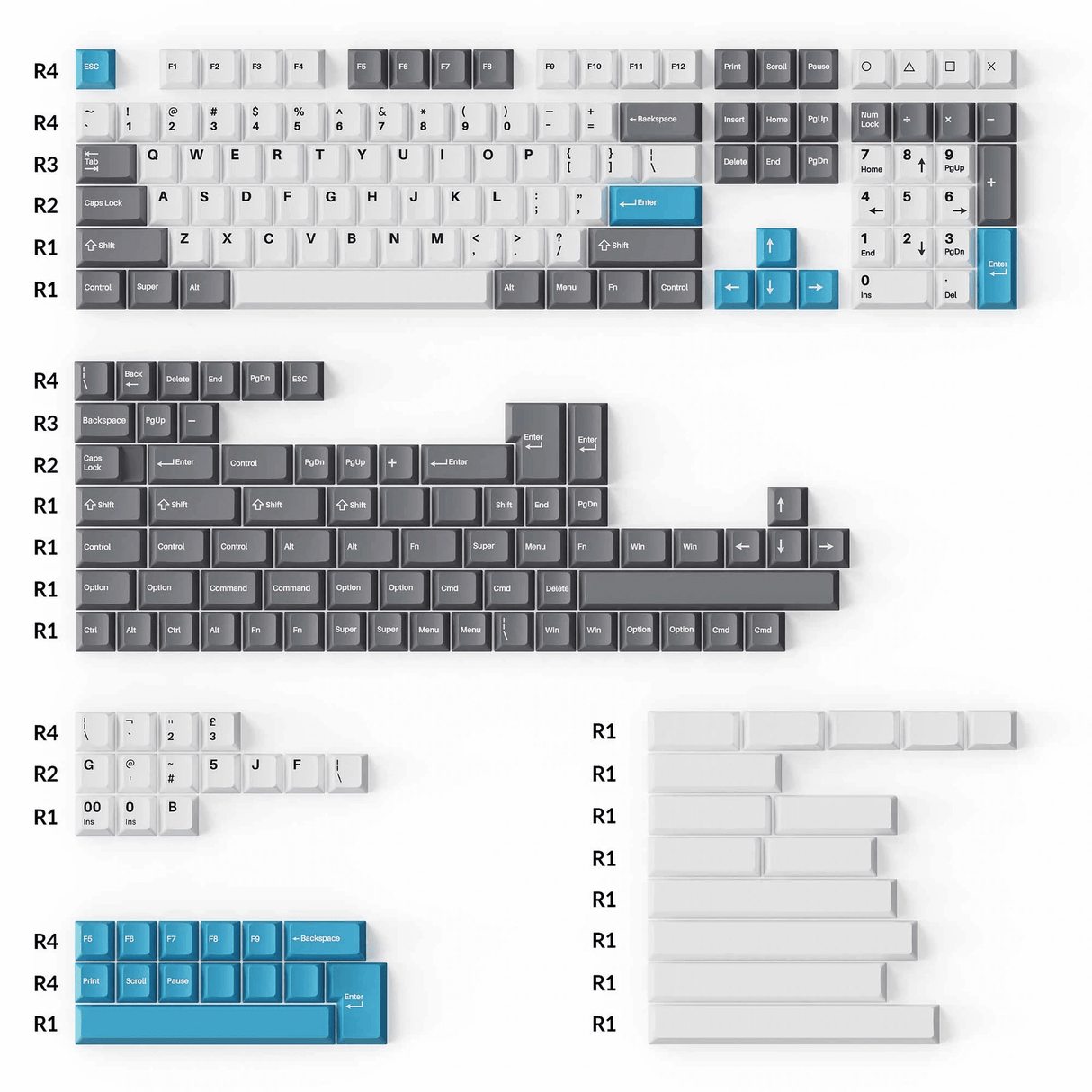 Cherry Profile Double - Shot PBT Full Set Keycaps - Grey, White, and Blue