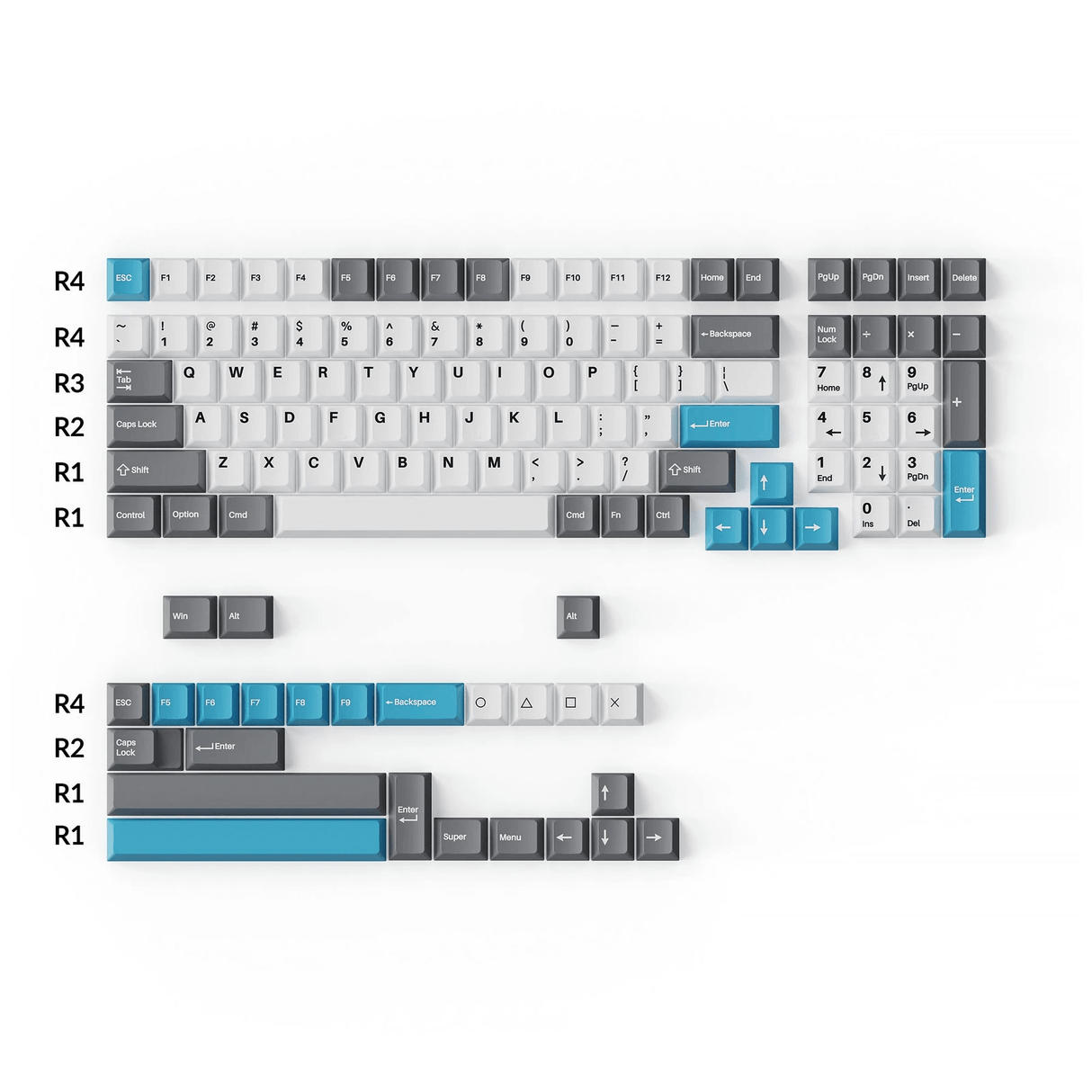 Double-Shot PBT Cherry Profile volledige set keycaps - grijs, wit en blauw