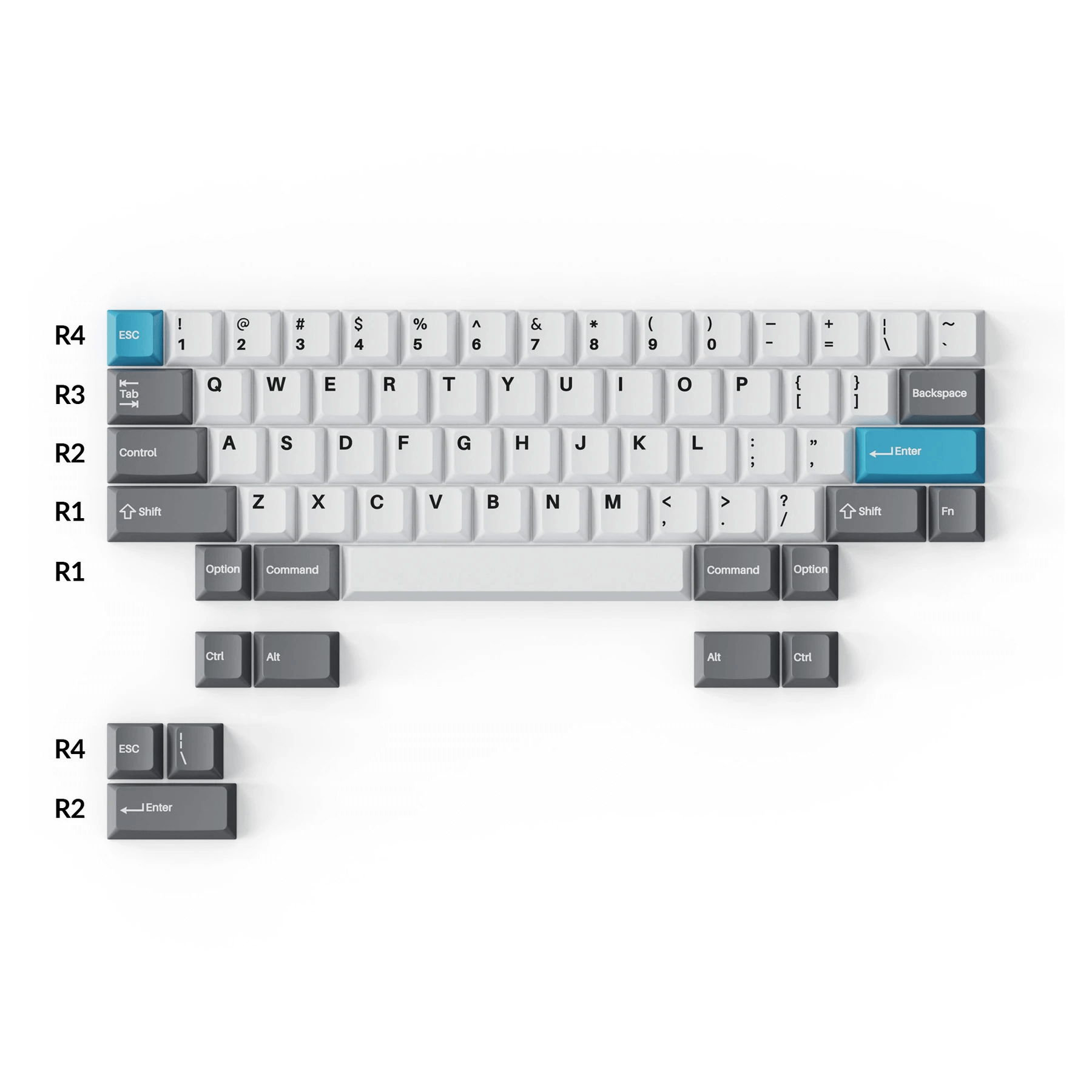 Double-Shot PBT Cherry Profile volledige set keycaps - grijs, wit en blauw