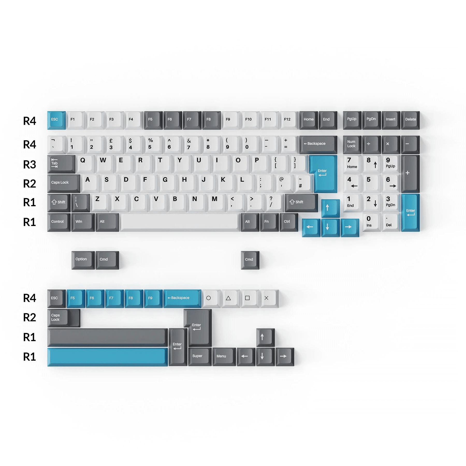 Cherry Profile Double - Shot PBT Full Set Keycaps - Grey, White, and Blue